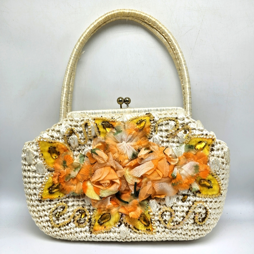 Vtg 50's Caron Handbag Basket Rhinestones Beaded Floral Kiss Lock Closure Lined